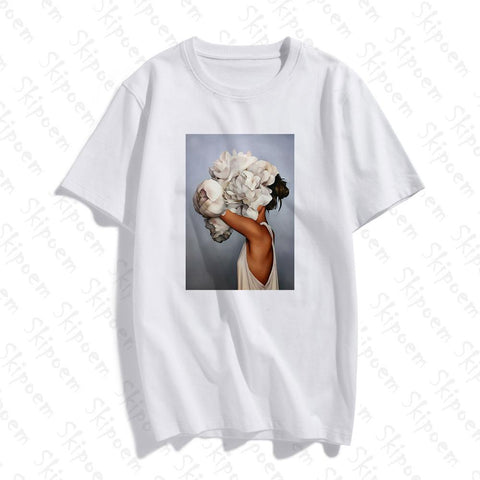 Image of New Cotton Harajuku Aesthetics Tshirt Sexy Flowers Feather Print Short Sleeve Tops & Tees Fashion Casual Couple T Shirt