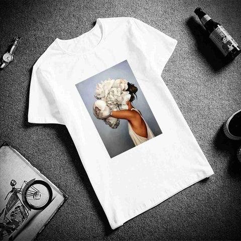 Image of New Cotton Harajuku Aesthetics Tshirt Sexy Flowers Feather Print Short Sleeve Tops & Tees Fashion Casual Couple T Shirt