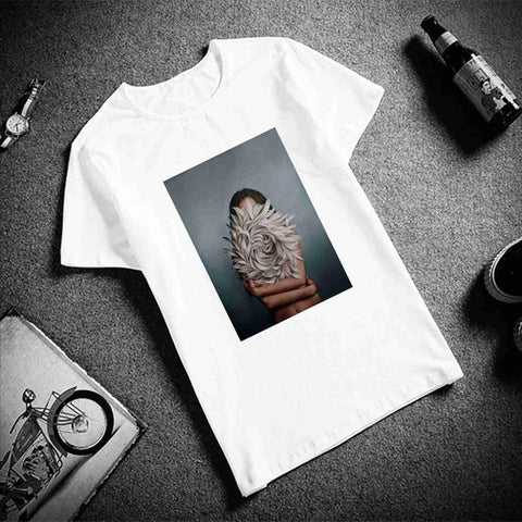 Image of New Cotton Harajuku Aesthetics Tshirt Sexy Flowers Feather Print Short Sleeve Tops & Tees Fashion Casual Couple T Shirt