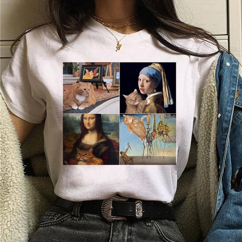 Image of cat van gogh t shirt women art print Oil aesthetic Cute funny tshirt 90s cartoon ulzzang Casual top tee t-shirt female clothes
