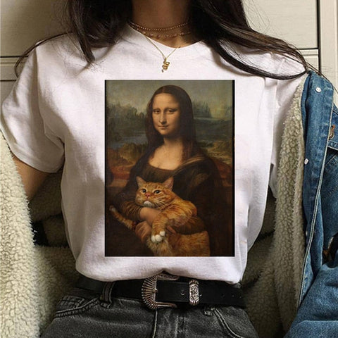 Image of cat van gogh t shirt women art print Oil aesthetic Cute funny tshirt 90s cartoon ulzzang Casual top tee t-shirt female clothes