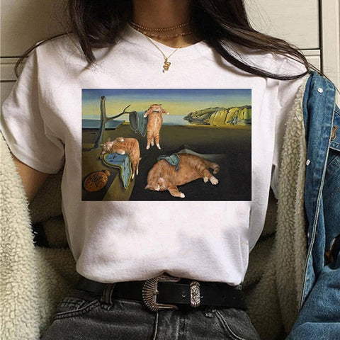 Image of cat van gogh t shirt women art print Oil aesthetic Cute funny tshirt 90s cartoon ulzzang Casual top tee t-shirt female clothes