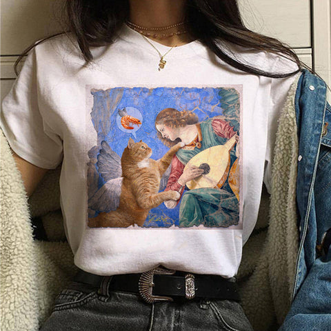 Image of cat van gogh t shirt women art print Oil aesthetic Cute funny tshirt 90s cartoon ulzzang Casual top tee t-shirt female clothes