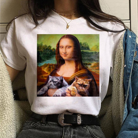 Image of cat van gogh t shirt women art print Oil aesthetic Cute funny tshirt 90s cartoon ulzzang Casual top tee t-shirt female clothes