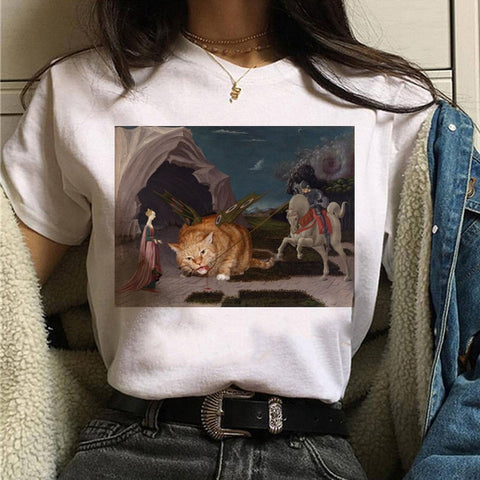 Image of cat van gogh t shirt women art print Oil aesthetic Cute funny tshirt 90s cartoon ulzzang Casual top tee t-shirt female clothes