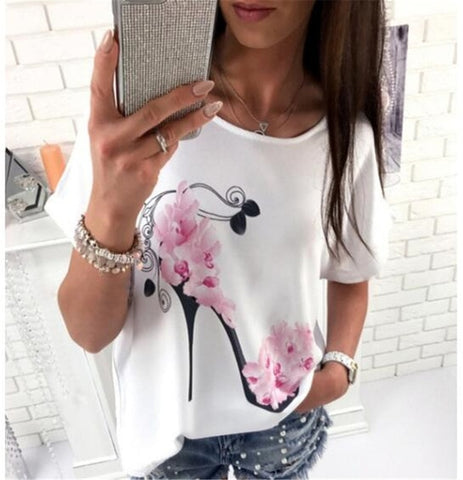 Image of T-shirt femme uni coton lin manches courtes talons hauts imprimé hauts plage hauts à la mode