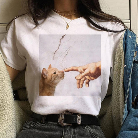 Image of cat van gogh t shirt women art print Oil aesthetic Cute funny tshirt 90s cartoon ulzzang Casual top tee t-shirt female clothes