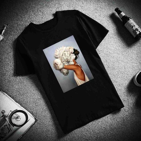 Image of New Cotton Harajuku Aesthetics Tshirt Sexy Flowers Feather Print Short Sleeve Tops & Tees Fashion Casual Couple T Shirt