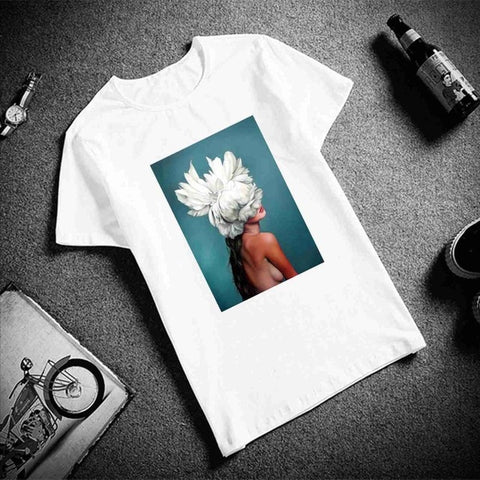 Image of New Cotton Harajuku Aesthetics Tshirt Sexy Flowers Feather Print Short Sleeve Tops & Tees Fashion Casual Couple T Shirt
