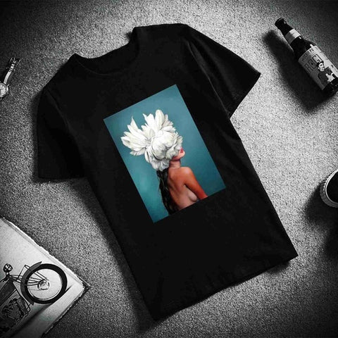 Image of New Cotton Harajuku Aesthetics Tshirt Sexy Flowers Feather Print Short Sleeve Tops & Tees Fashion Casual Couple T Shirt