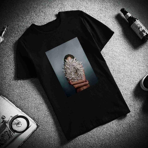 Image of New Cotton Harajuku Aesthetics Tshirt Sexy Flowers Feather Print Short Sleeve Tops & Tees Fashion Casual Couple T Shirt