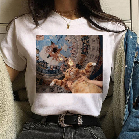 Image of cat van gogh t shirt women art print Oil aesthetic Cute funny tshirt 90s cartoon ulzzang Casual top tee t-shirt female clothes