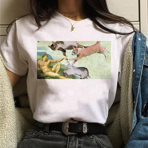 Image of cat van gogh t shirt women art print Oil aesthetic Cute funny tshirt 90s cartoon ulzzang Casual top tee t-shirt female clothes