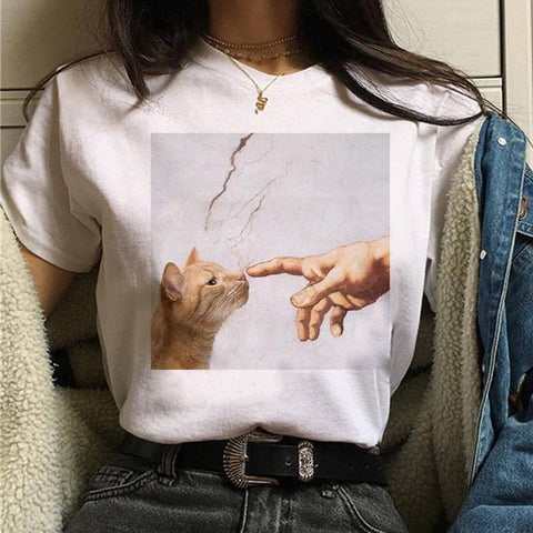 Image of cat van gogh t shirt women art print Oil aesthetic Cute funny tshirt 90s cartoon ulzzang Casual top tee t-shirt female clothes