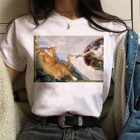 Image of cat van gogh t shirt women art print Oil aesthetic Cute funny tshirt 90s cartoon ulzzang Casual top tee t-shirt female clothes
