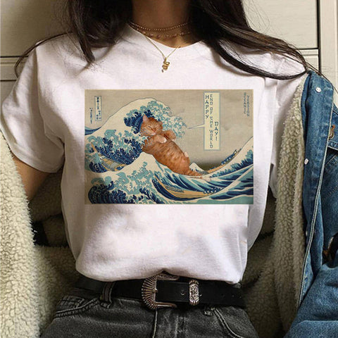 Image of cat van gogh t shirt women art print Oil aesthetic Cute funny tshirt 90s cartoon ulzzang Casual top tee t-shirt female clothes