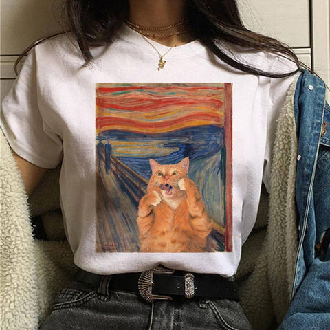 Image of cat van gogh t shirt women art print Oil aesthetic Cute funny tshirt 90s cartoon ulzzang Casual top tee t-shirt female clothes