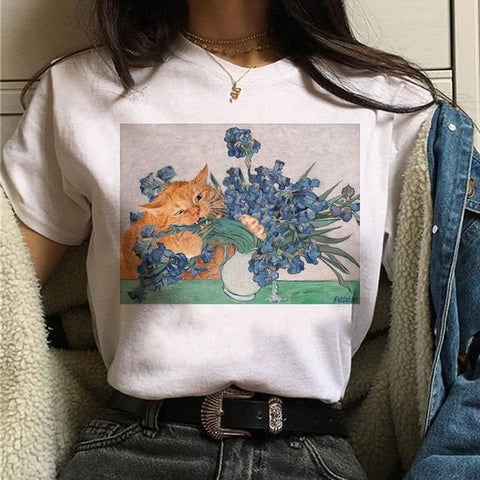 Image of cat van gogh t shirt women art print Oil aesthetic Cute funny tshirt 90s cartoon ulzzang Casual top tee t-shirt female clothes