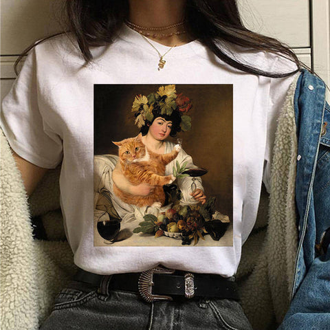 Image of cat van gogh t shirt women art print Oil aesthetic Cute funny tshirt 90s cartoon ulzzang Casual top tee t-shirt female clothes