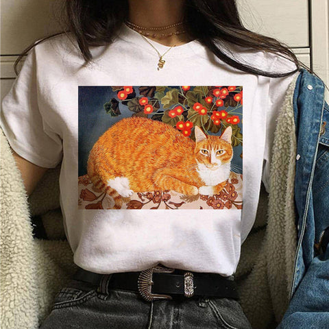 Image of cat van gogh t shirt women art print Oil aesthetic Cute funny tshirt 90s cartoon ulzzang Casual top tee t-shirt female clothes