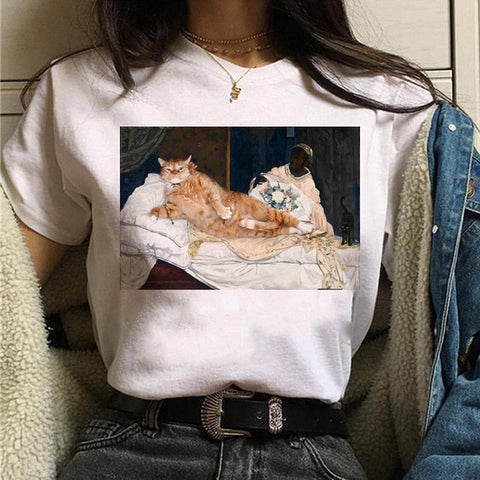 Image of cat van gogh t shirt women art print Oil aesthetic Cute funny tshirt 90s cartoon ulzzang Casual top tee t-shirt female clothes