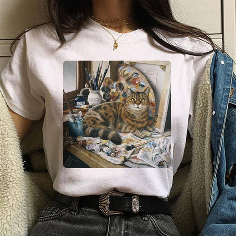 Image of cat van gogh t shirt women art print Oil aesthetic Cute funny tshirt 90s cartoon ulzzang Casual top tee t-shirt female clothes