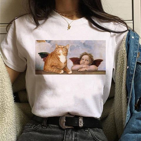 Image of cat van gogh t shirt women art print Oil aesthetic Cute funny tshirt 90s cartoon ulzzang Casual top tee t-shirt female clothes