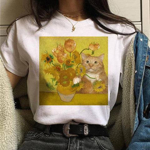 Image of cat van gogh t shirt women art print Oil aesthetic Cute funny tshirt 90s cartoon ulzzang Casual top tee t-shirt female clothes