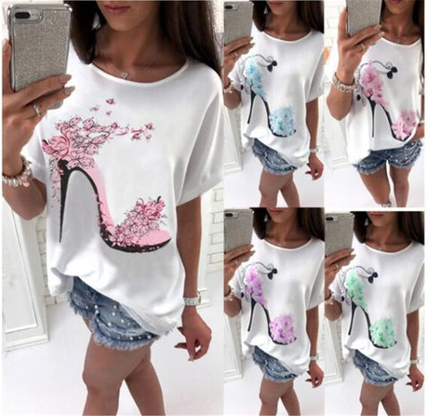 Image of T-shirt femme uni coton lin manches courtes talons hauts imprimé hauts plage hauts à la mode