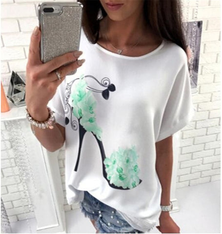 Image of T-shirt femme uni coton lin manches courtes talons hauts imprimé hauts plage hauts à la mode